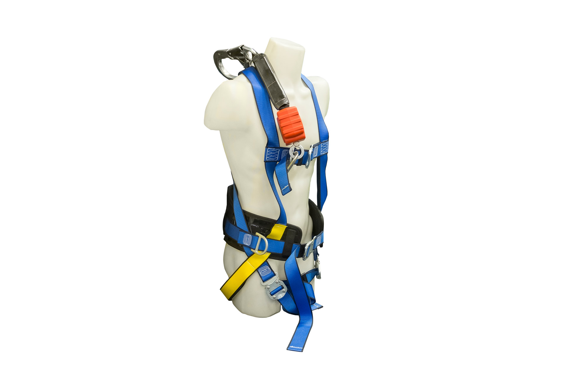 Mannequin in safety harness equipment and lanyard for work at heights. Isolated on white background.